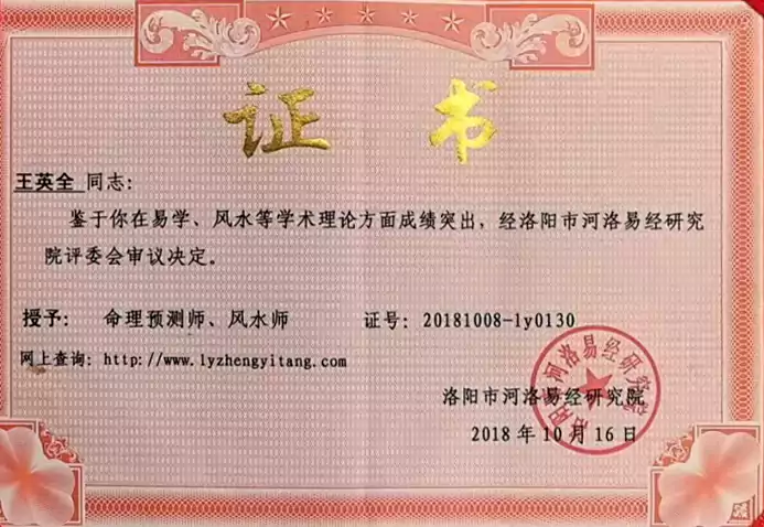 洛阳市河洛易经研究院颁发的 命理预测师 风水师证书